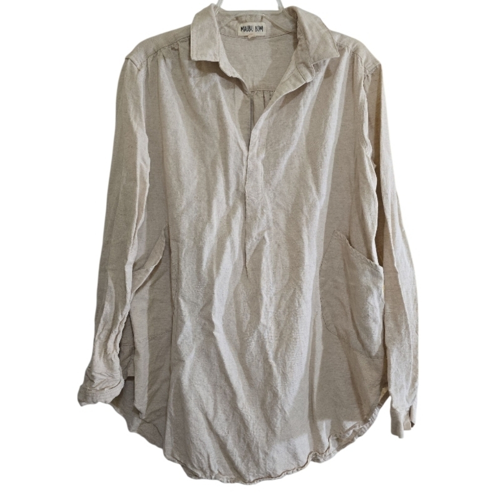Malibu Bum Beige Long Sleeve Front Pocket Tunic Blouse Large Ramie Blend Relaxed
